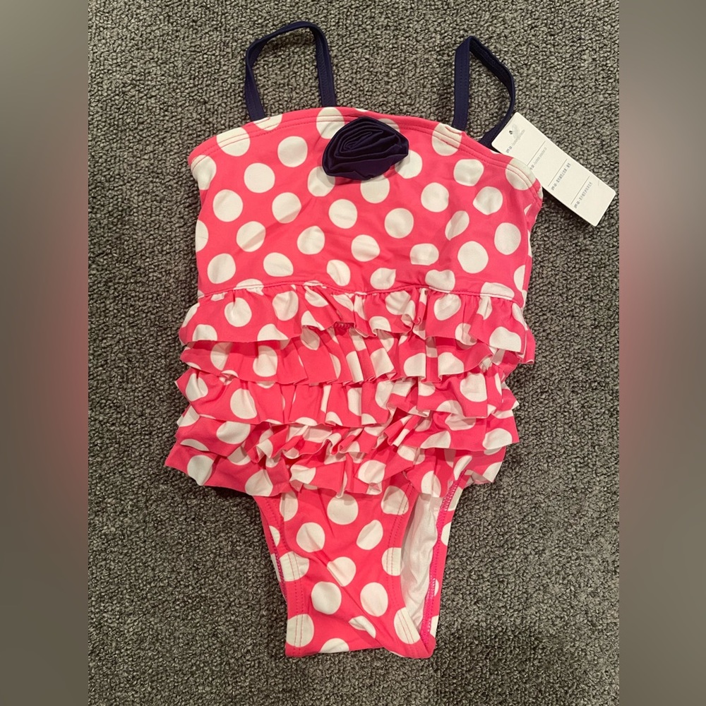 12-18 months baby girl bathing suit. Pink & white polkadots with navy blue rose